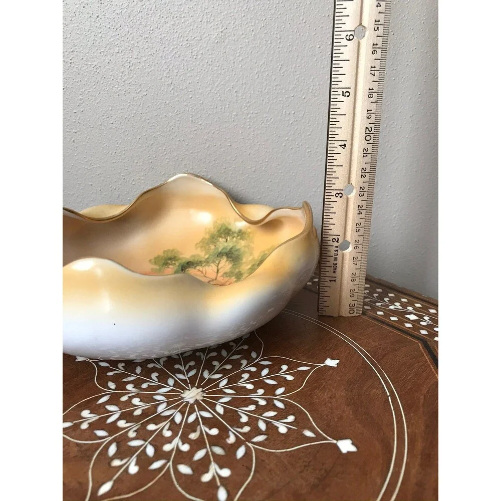Vintage Nippon Ruffled Hand Painted Bowl Lake Scene Windmill